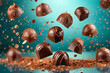 Delicious high quality floating chocolate bonbons gold and black color background
