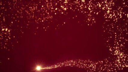 Wall Mural - loop animation of a luminous christmas shooting star with a tail of golden particles on red backgrou
