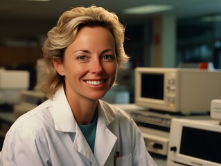 Canvas Print - Radiating Confidence: Candid Portrait of a Smiling Middle-Aged Woman IT Expert