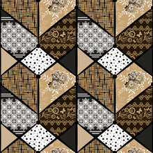 Seamless Retro Patchwork Rustic Floral, Lace Pattern. Beige, White Brown Background.