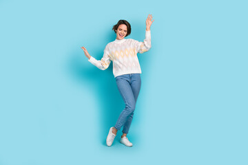 Sticker - Full size photo of overjoyed nice girl have good mood dancing partying isolated on blue color background