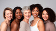 studio portrait  five women with different age and diversity skin tones for advertising product design
