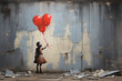 flight attendant, wall-painting, style of girl with balloon, sprayed on brickwall, ai generative