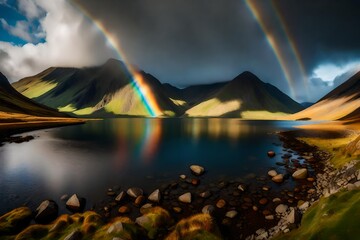 Wall Mural - rainbow over lake