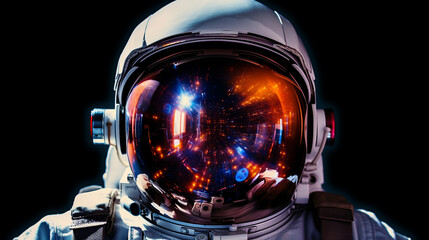 an astronaut in a helmet whose helmet reflects the universe