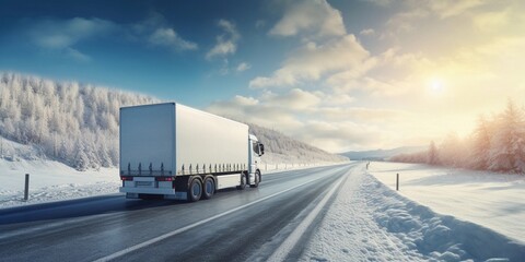 Wall Mural - back view of single truck on road to mountain, winter