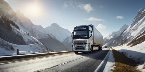 Wall Mural - front view of single truck on road to mountain, sunny day, snow