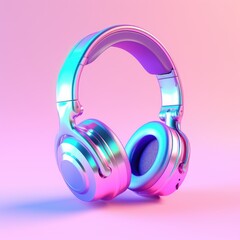 Silver metallic white wireless bluetooth headphones on neon light abstract background. Trendy minimal luxury music portable device. New technologies concept