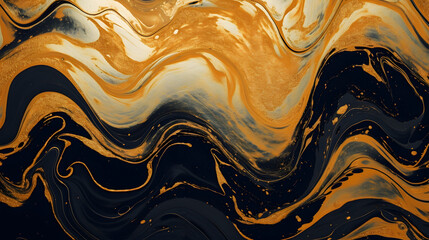 Wall Mural - Golden swirl, artistic design. Suminagashi – the ancient art of Japanese marbling. Paper marbling is a method of aqueous surface design. Black and gold paper texture background. generative AI.