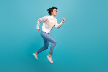 Sticker - Full body length photo of running person attractive young lady flying jump trampoline workaholic isolated over blue color background