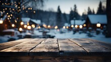 Winter Scene With Warm Candle Lights On A Bridge, Festive Tree In The Background, And A Rustic Wooden Foreground In A Serene Snowy Landscape.