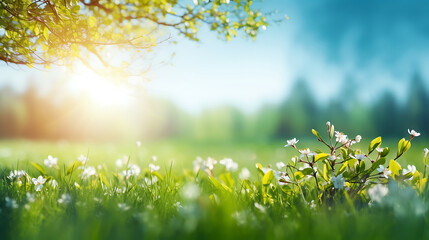 Wall Mural - Beautiful blurred spring background nature with blooming glade, trees and blue sky on a sunny day