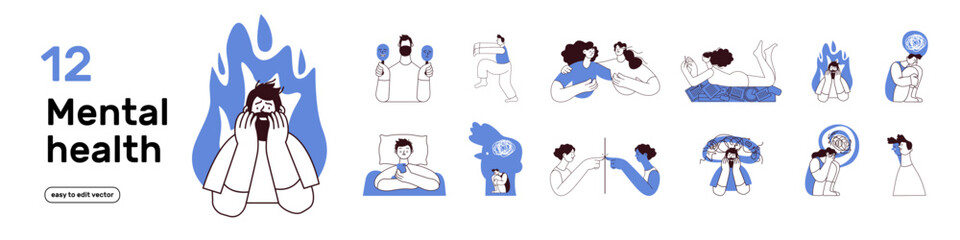 Mental health and psychology set. Different mental health problems, psychological disorders, treatment techniques. Black and white modern vector illustrations