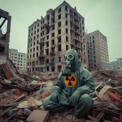 A man in a protective suit and a radiation mask in a destroyed building