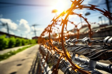 Fence of the state border or protected object. Background with selective focus and copy space