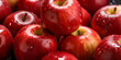 Red apples with leaves, closeup with top view, Red apple patterns, Top view of bright ripe fragrant red apples with water drops as background, generative AI
