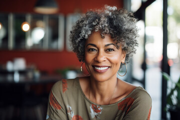 Poster - Generative AI portrait image of man woman sitting modern interior cafe drinking fresh coffee