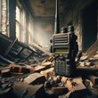 old soldier's radio in the middle of a destroyed building