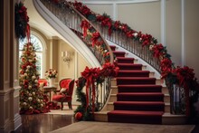 A Charming Christmas Scene Featuring A Decorated Staircase With Holiday Stockings And Colorful Ribbons