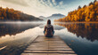 © Nhan - Young woman meditating on a wooden pier on the edge of a lake to improve focus. AI Generative