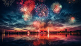 Fototapeta Miasto - Tło na życzenia - fajerwerki na niebie w Sylwestrową noc - huczne świętowanie. Szczęśliwego Nowego Roku