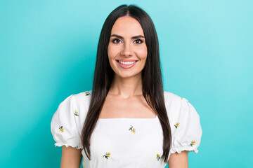 Poster - Portrait photo of cute nice girlfriend wear white dress stylish clothes toothy smile charming model isolated on blue color background