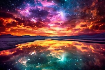 Wall Mural - beautiful fantasy landscape with starry sky and reflection in the water. fantasy colorful landscape 