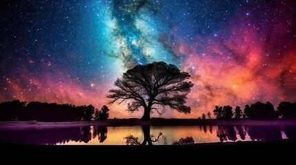 Wall Mural - milky way over a lake with a tree and reflection in it. tree on the background of the starry sky and