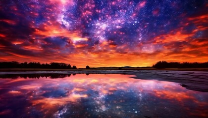 Wall Mural - beautiful fantasy landscape with starry sky and reflection in the water. fantasy colorful landscape 