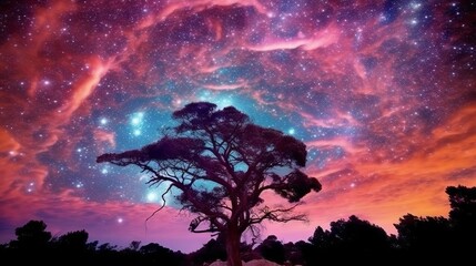 Wall Mural - tree on the background of the starry sky and milky way. abstract image of a big tree at night with s
