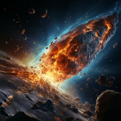 Wall Mural - abstract 3d rendering of collision burning asteroid in outer space with planet. massive cosmic aster