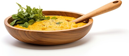 in the isolated white background of a gourmet indian kitchen a wooden spoon gracefully stirs a healt