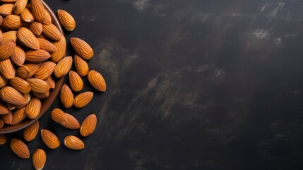 Almonds on black background. Healthy food. Free space for your text