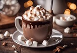 Mug of hot chocolate with whipped cream and marshmallows