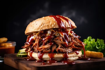 Poster -  a pulled pork sandwich with barbecue sauce on a cutting board.  generative ai