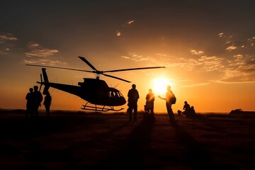 Military operation mission on silhouette sunset in field. Soldiers army forces with helicopter in battlefield. Epic war patriotic concept. Releasing hostages by warrior commando navy. Generative AI