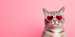 Creative Valentines day card with cute tabby cat in pink heart shaped glasses on pink background with place for text