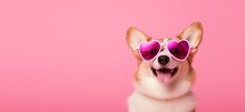 Happy Smiling Corgie In Pink Heart Singlasses On Pink Background. Valentines Day Card With Copy Space