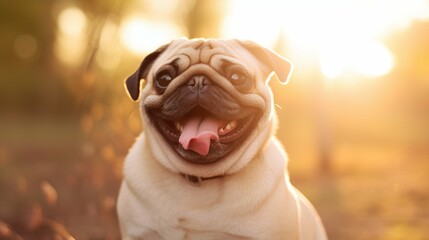 Canvas Print - Pug, Happy dog on the soft light field