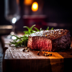 Wall Mural - beef steak on wooden board close up.