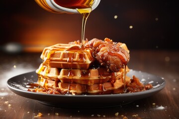 Canvas Print -  a stack of waffles with syrup being poured on top.  generative ai