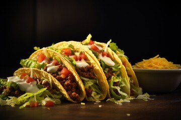 Canvas Print -  a close up of three tacos with lettuce and tomatoes.  generative ai