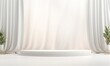 Elegant White Display: Symmetrical Curtains and Central Podium for Premium Product Showcases