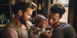 in love gay couple happy for the arrival of their first child - adoptive gay father families concept