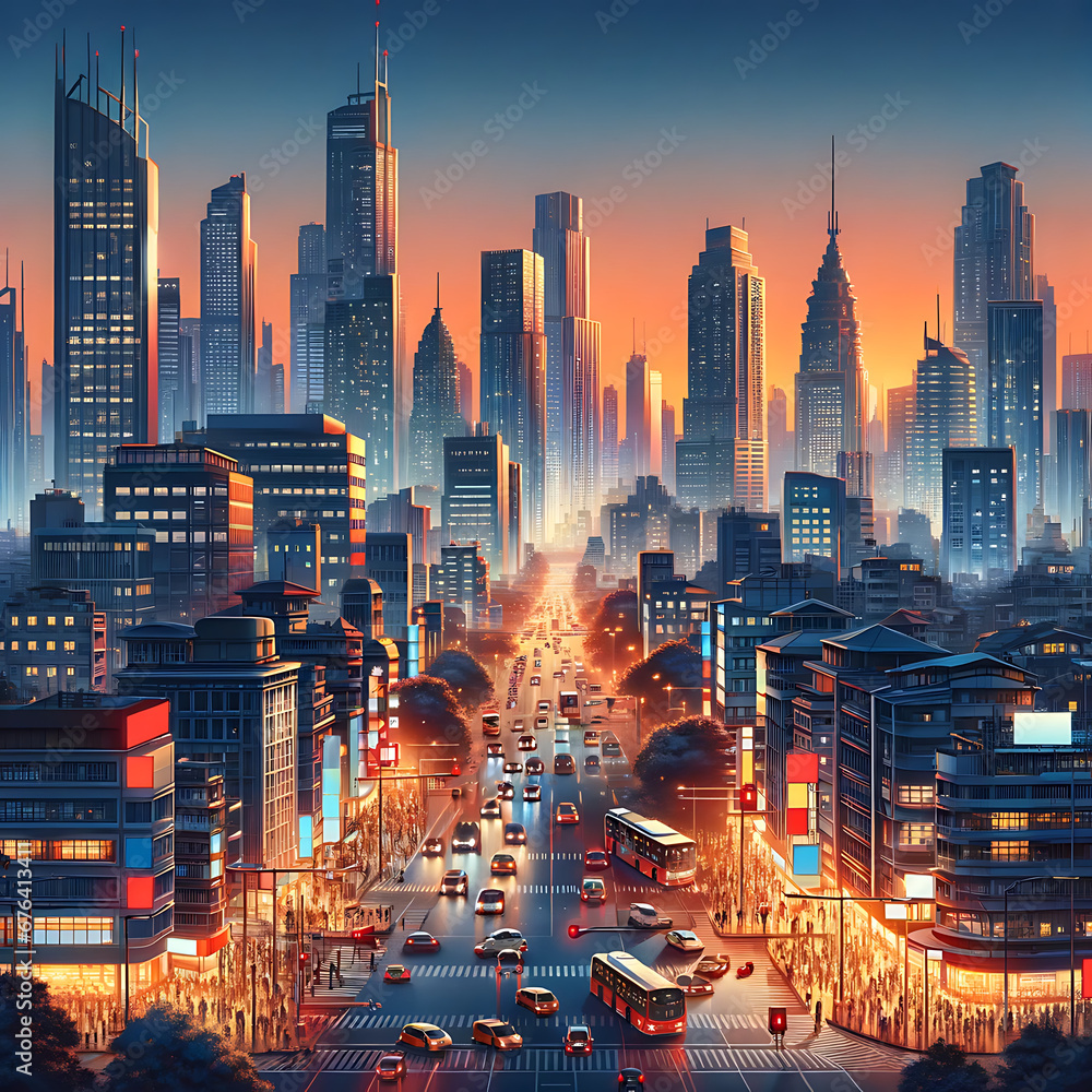 An illustration of a bustling cityscape at dusk, with the skyline ...