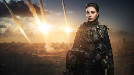 The portrait of a self-assured female soldier in military attire, defiantly posing as rockets rain down on a Middle Eastern city, leaving trails of destruction in the sky