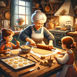 A heartwarming illustration of a grandmother and her grandchildren baking cookies together in a cozy kitchen.