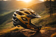 Cyclist's helmet in nature forest at sunset