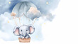 Illustration of a baby elephant sitting inside a hot air balloon, watercolor, soft and pastel colors, perfect for ages 2 - 4, boho,  white background with copy space