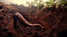  A Close Up Of A Worm Crawling In A Pile Of Dirt With Plants Growing Out Of The Ground In The Background And Sunlight Shining Through The Top Of The Ground.  Generative Ai